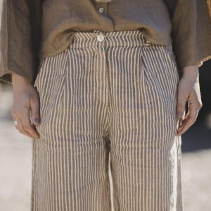 RAVA linen short pants – stripe camelo/white
