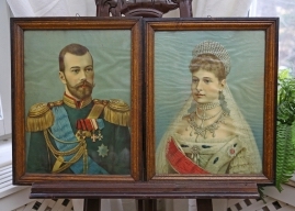 Antika oljetryck med Tsar Nikolaj II och Tsaritsan Alexandra Feodorovna